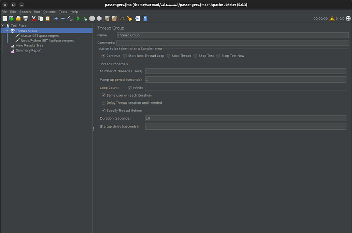 إعدادات تشغيل مسلك واحد في JMeter